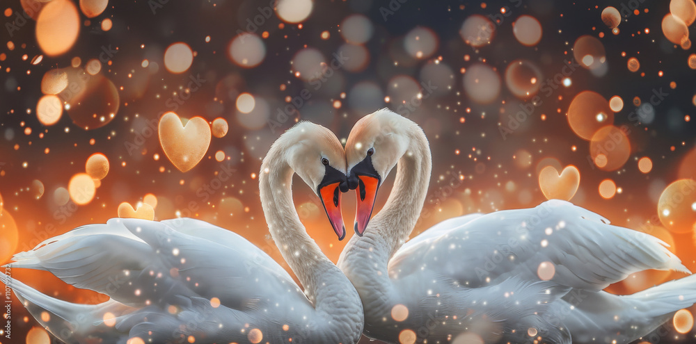 Obraz premium Two swans making a heart shape in soft golden light reflected on tranquil water, symbolizing love, unity, and serenity in a romantic and picturesque natural scene of peace and elegance