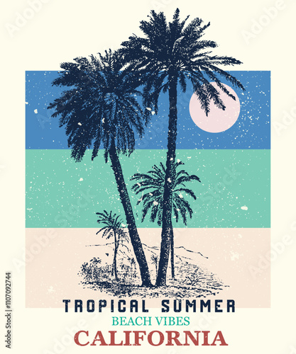 tropical summer california t shirt , Los Angeles City, Long beach. Vintage design. Typography, t-shirt graphics, poster, banner, flyer, postcard. Hawaii, Aloha surf typography for t-shirt.