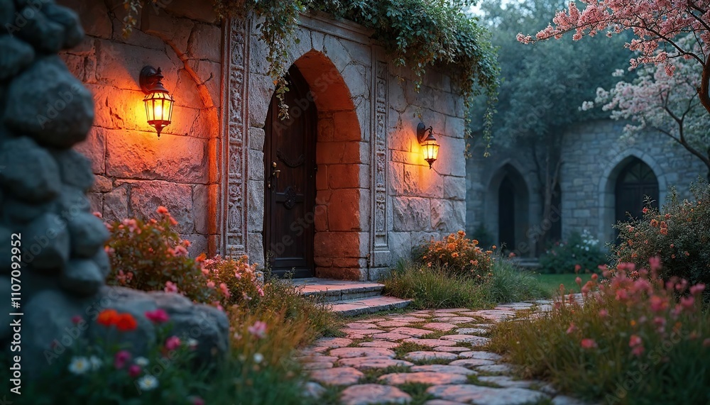 Fototapeta premium Enchanted Stone Gateway: A mystical stone archway, illuminated by warm lantern light, leads to a hidden garden, promising adventure and serenity. The pathway invites exploration.