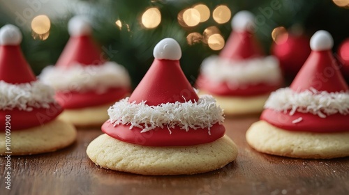 Close-up of Santa hat-shaped cookies frosted with red icing, fluffy coconut trim, on a festive wooden table, holiday baking scene, kids treats concept