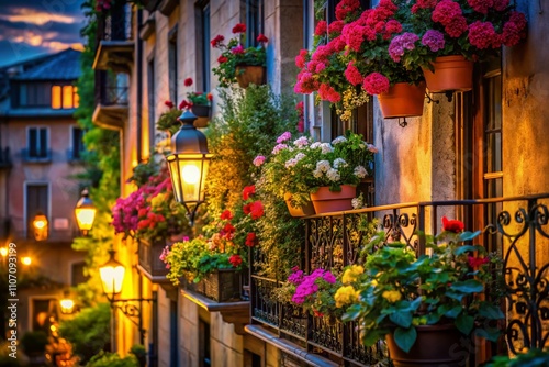 Wallpaper Mural Serene Balcony Blooms: Captivating Low Light Photography Showcasing Lush Flowers in a Cozy Urban Setting Torontodigital.ca