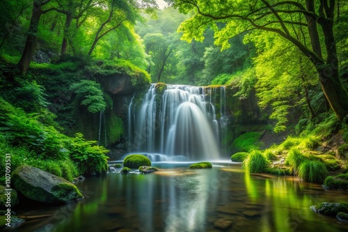 Serene Beauty by Waterfall: Enigmatic Gaze Amidst Nature's Whispers Capturing the Tranquility and Mystique of Waterfall Landscapes in Minimalist Photography