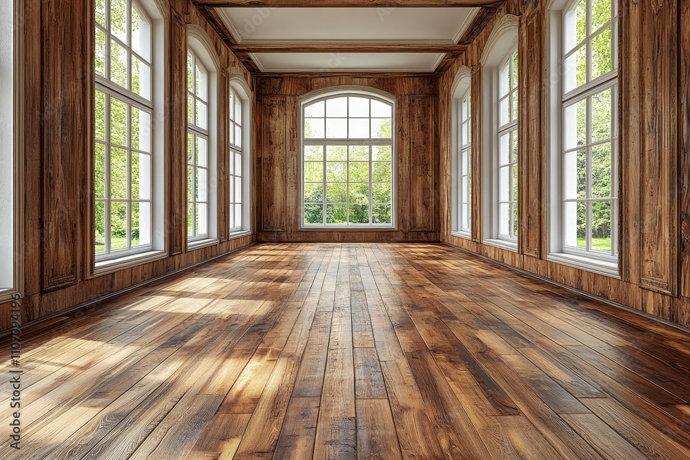 Sunlit Classic Room Interior with Wooden Walls and Floors Sunlit Classic Room Interior with Wooden Walls and Floors