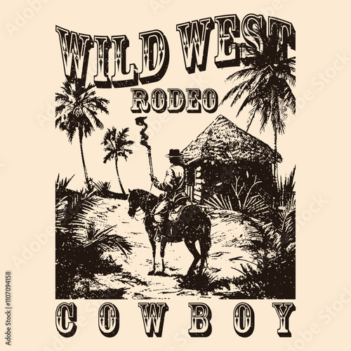 Wild west frontier fashion fusion cowboy,Cowboy T-shirt Design. Wild cactus desert for apparel, poster, background, sticker and others. Cowboy artwork. typography, print, logo, poster. Global swatches