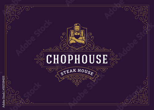 Classic vintage floral motif golden ornate logo butchery butcher shop design template vector illustration. Luxury elegant Victorian swirl flourishes emblem man axe cut calligraphic label meat store