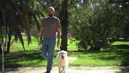 Man walking with his happy pet dog golden retriever outside in public park during summer. Owner takes care about his pet. Mental health of domestic animals,
