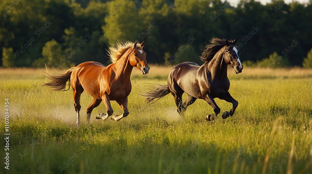Two horses running freely in a green field with a forest in the background. Two horses running freely in a green field with a forest in the background.
