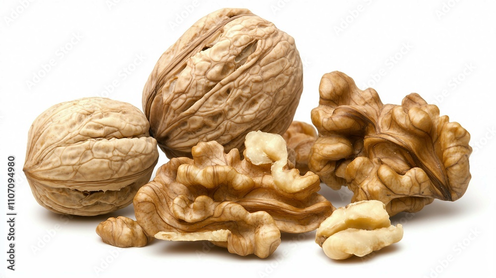 Fresh Organic Walnuts in Shell and Shelled on White Background Fresh Organic Walnuts in Shell and Shelled on White Background