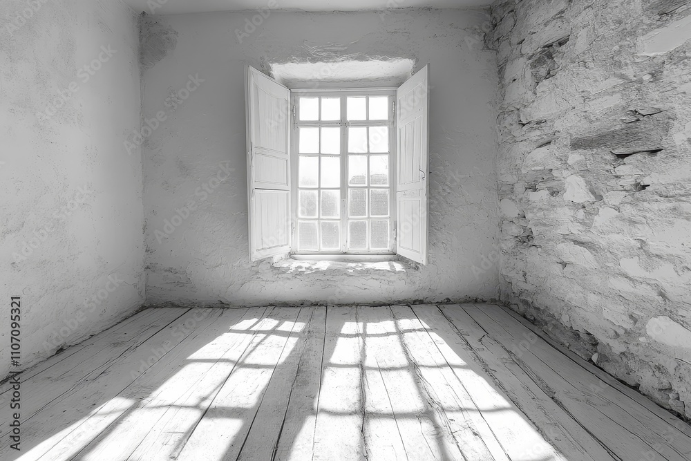 Sunlit White Room with Stone Wall and Wooden Floor Sunlit White Room with Stone Wall and Wooden Floor