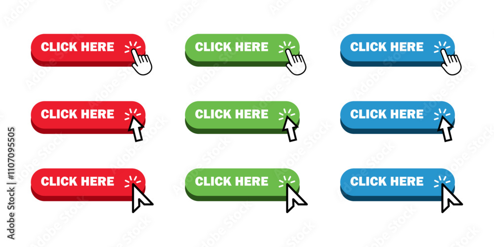 Click here button with arrow pointer and hand icon button. Click here vector button. click here action of arrow and hand pointer. Click here, UI button vector illustration on white background.