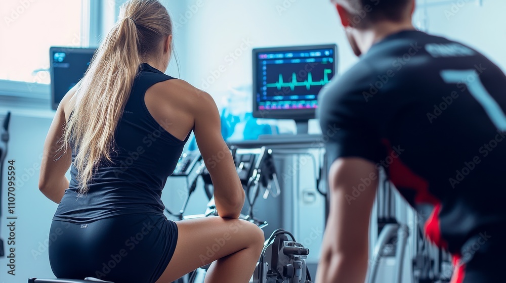 A health professional conducting a fitness test on an athlete in a sports science lab, with monitoring equipment in the background, Dynamic style A health professional conducting a fitness test on an athlete in a sports science lab, with monitoring equipment in the background, Dynamic style