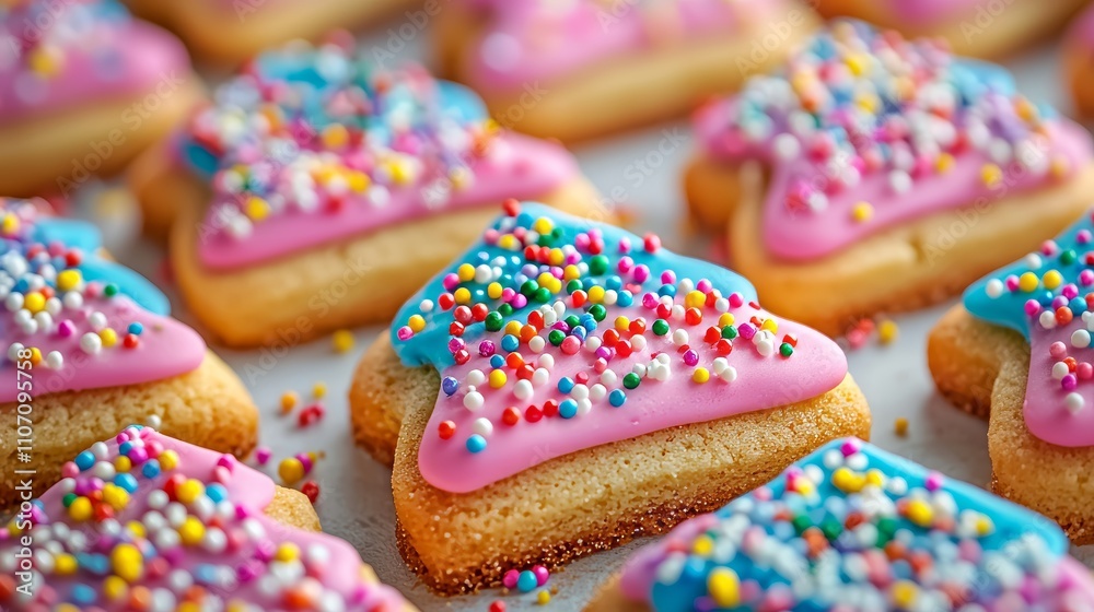 Colorful Christmas tree cookies, sugar treats topped with bright royal icing and sprinkles, close-up view, festive and fun, holiday treats for children Colorful Christmas tree cookies, sugar treats topped with bright royal icing and sprinkles, close-up view, festive and fun, holiday treats for children