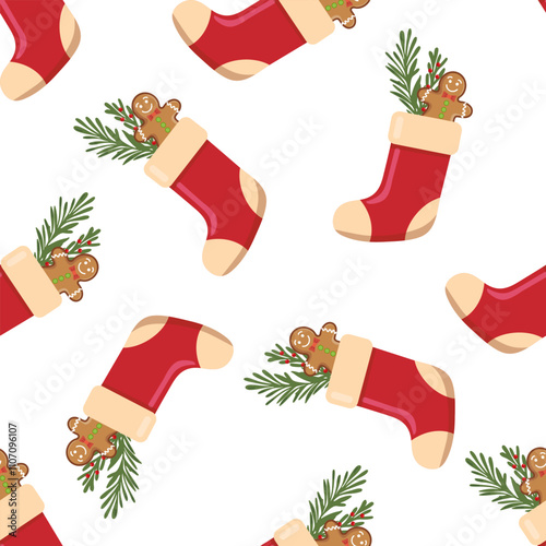 Christmas stocking seamless pattern with gingerbread man and festive greenery illustration