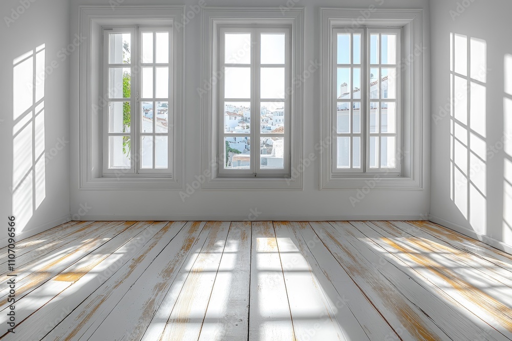 Fototapeta premium Sunlit Empty Room with White Walls and Wooden Floor