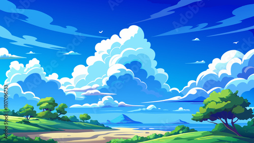 Vibrant blue sky with fluffy clouds over a serene landscape showcasing rolling hills and distant mountains