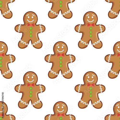 Gingerbread man seamless pattern  with bow tie and icing decorations illustration