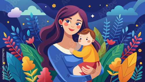 Mother holding baby in a vibrant landscape of flowers and foliage filled with color and charm