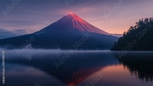 Volcanic mountain in morning light reflected in calm waters of lake