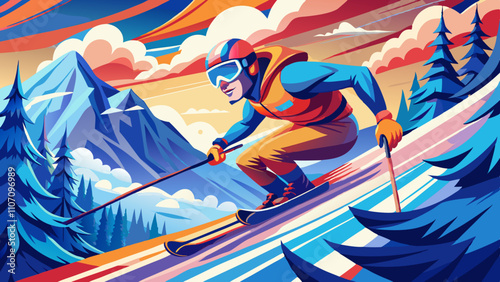 Extreme downhill skiing in a vibrant landscape featuring a skilled freerider navigating snowy slopes