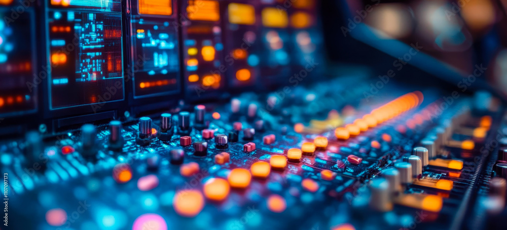 Advanced Mixing Console with Digital Interface in Vibrant Studio Setting Advanced Mixing Console with Digital Interface in Vibrant Studio Setting