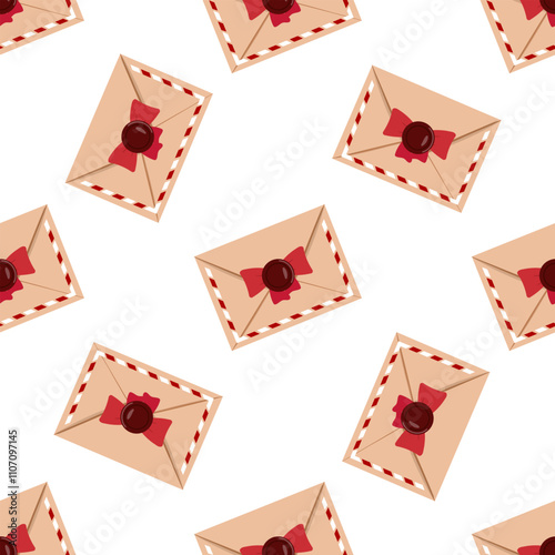 Christmas envelope seamless pattern with red bow and wax seal illustration