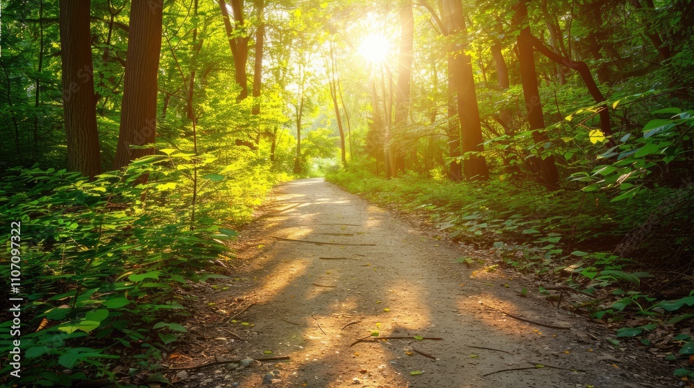 Obraz premium Forest trail in summer with sunlight and green leaves