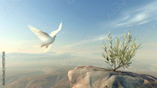 Serene landscape with white dove in flight symbolizing peace and ceasefire, calm blue sky, distant mountains, and single olive branch in foreground.