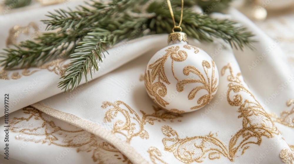 Elegant white napkins featuring a gold Christmas ornament design. Elegant white napkins featuring a gold Christmas ornament design.