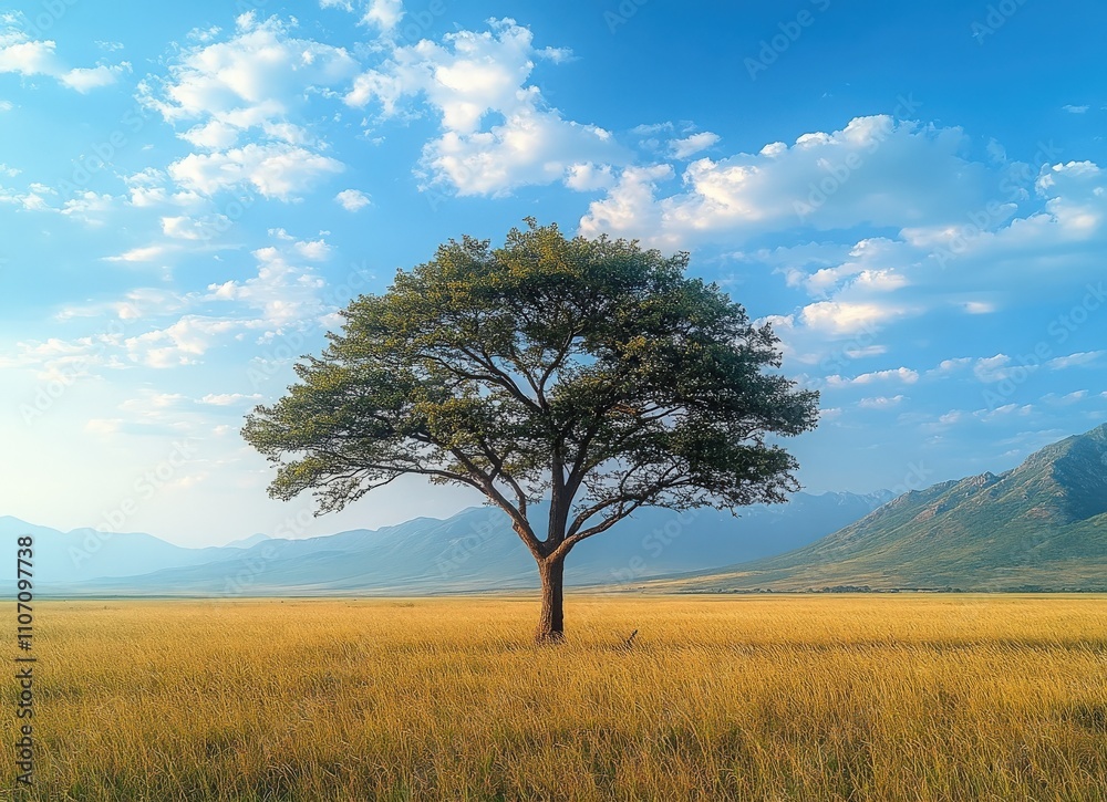 Serene landscape photo of a solitary tree in a golden field under a vibrant blue sky with fluffy white clouds and distant mountains. Serene landscape photo of a solitary tree in a golden field under a vibrant blue sky with fluffy white clouds and distant mountains.