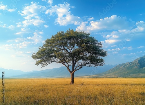 Serene landscape photo of a solitary tree in a golden field under a vibrant blue sky with fluffy white clouds and distant mountains.