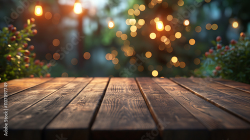 Empty wooden tabletop with blurred Christmas tree background and golden bokeh lights, for product demonstration montage.