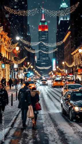 Romantic Christmas Walk Beneath Glittering Lights in Snowy Park