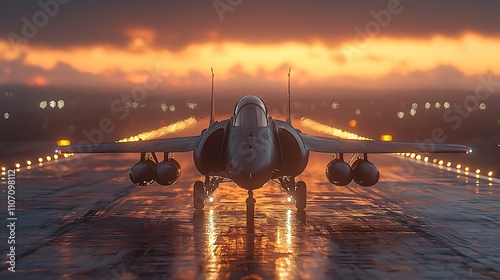 Photo realistic image of a Harrier Jump Jet soaring through a clear sky, seen from a diagonal front view with high definition and realism 