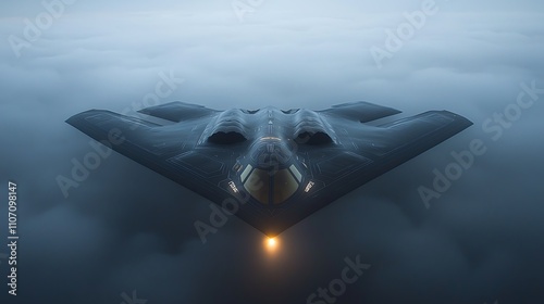 Photo realistic image of a B-2 Spirit bomber flying in the sky, viewed from a diagonal front angle with vivid realism and detailed clarity  photo