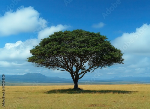 Solitary acacia tree on African savanna under a vibrant blue sky with fluffy clouds; tranquil landscape photography.