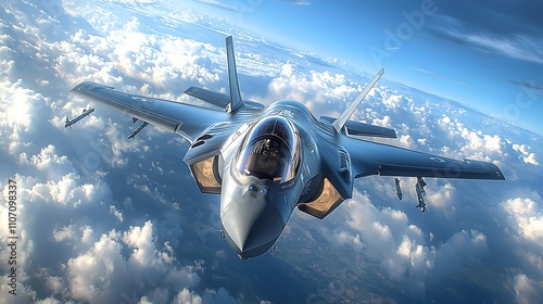 Photo realistic image of an F-35 Lightning II jet maneuvering through a bright blue sky, captured from a diagonal front view, with high definition and clarity 