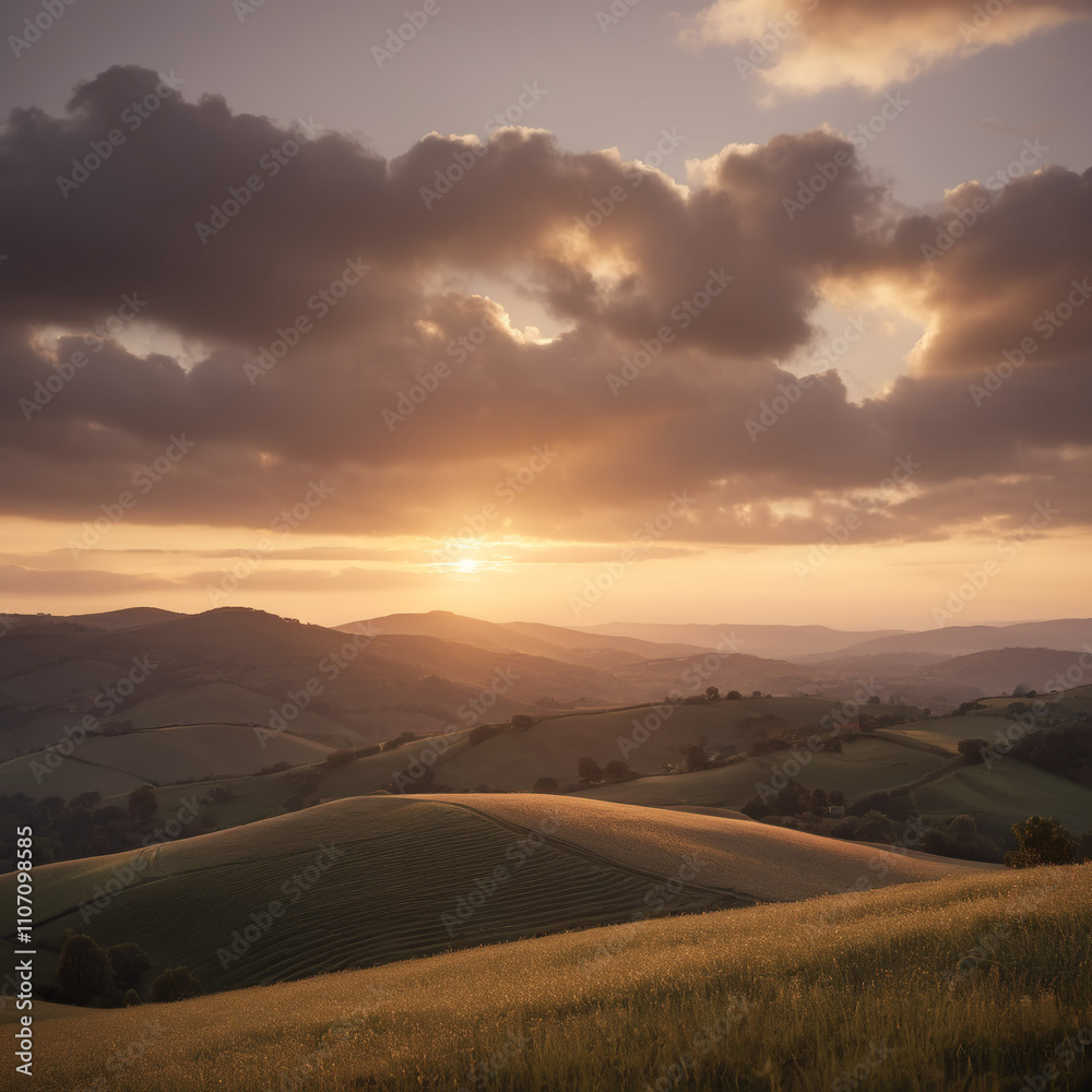 Obraz premium Hügel - Letzte Sonnenstrahlen färben die Hügel rot