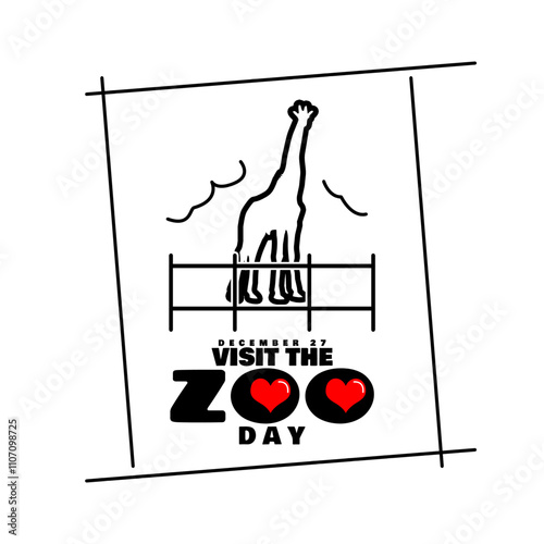 Visit the Zoo Day to celebrate on December 27th. Line art illustration of a giraffe with a fence and bold text on white background. Animal event banner