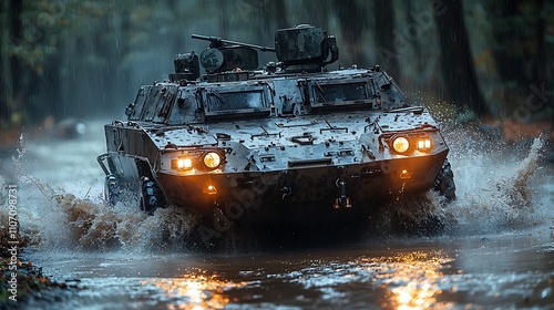 Front view of an amphibious armored vehicle moving at a diagonal angle, extremely sharp and realistic with dynamic movement 