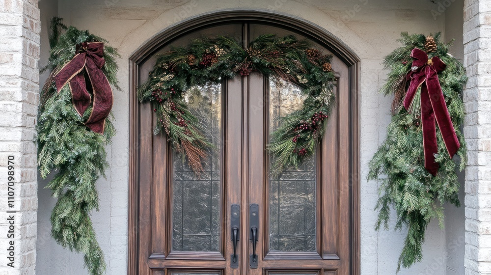 Fototapeta premium Evergreen branches tied into a beautiful door swag with holiday ribbons.