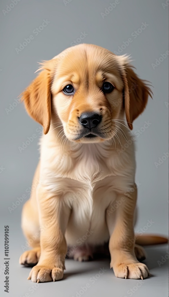 A cute golden-colored puppy sitting on a plain background, looking curious.