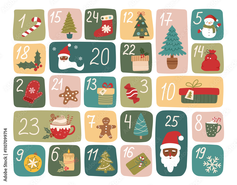 Advent calendar with Christmas elements isolated on white. Christmas and Advent banner. Vector flat illustration. Advent calendar with Christmas elements isolated on white. Christmas and Advent banner. Vector flat illustration.