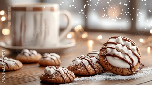 Cozy winter scene with hot cocoa cookies on a wooden table, mini marshmallows perfectly aligned on top, drizzled with chocolate, snow outside the window