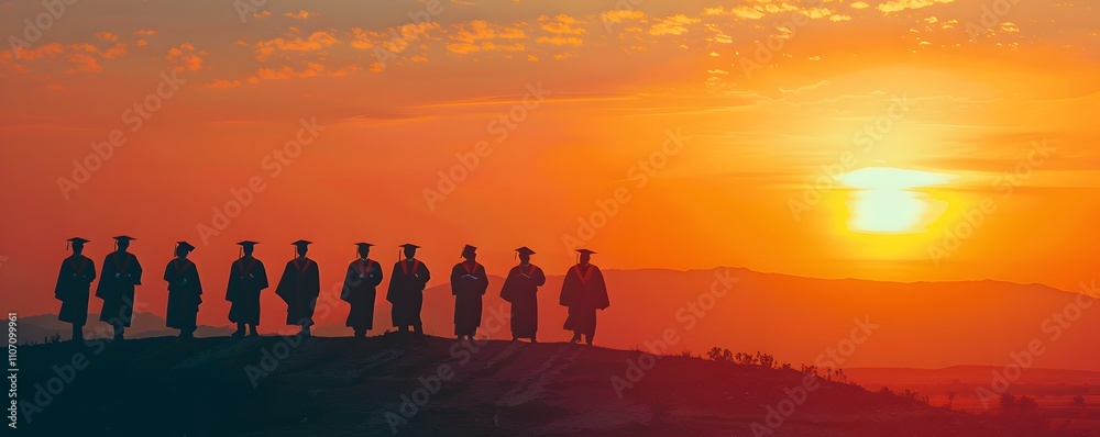 Graduates Silhouetted Against Sunset Landscape Graduates Silhouetted Against Sunset Landscape