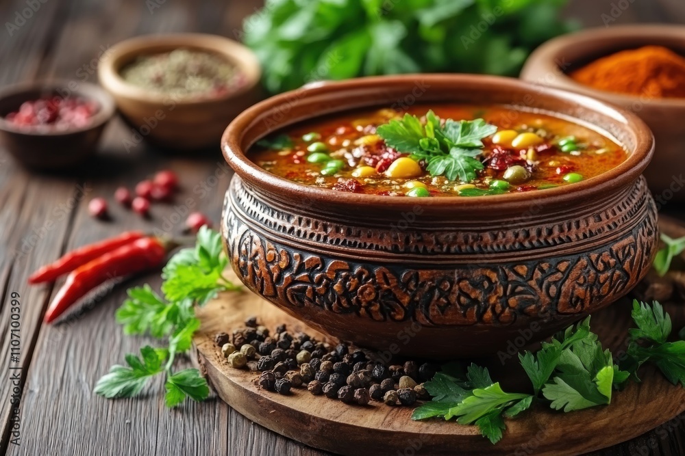 moroccan cuisine showcase, moroccan harira soup on a clay bowl, garnished with herbs and spices wooden table setting with text space moroccan cuisine showcase, moroccan harira soup on a clay bowl, garnished with herbs and spices wooden table setting with text space