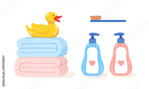 Rubber yellow duck for toddlers to play in bathroom, stack of pink and blue clean terry towels, jars with bath foam, cream, milk for baby tender skin care. Vector illustration of bathing accessories.