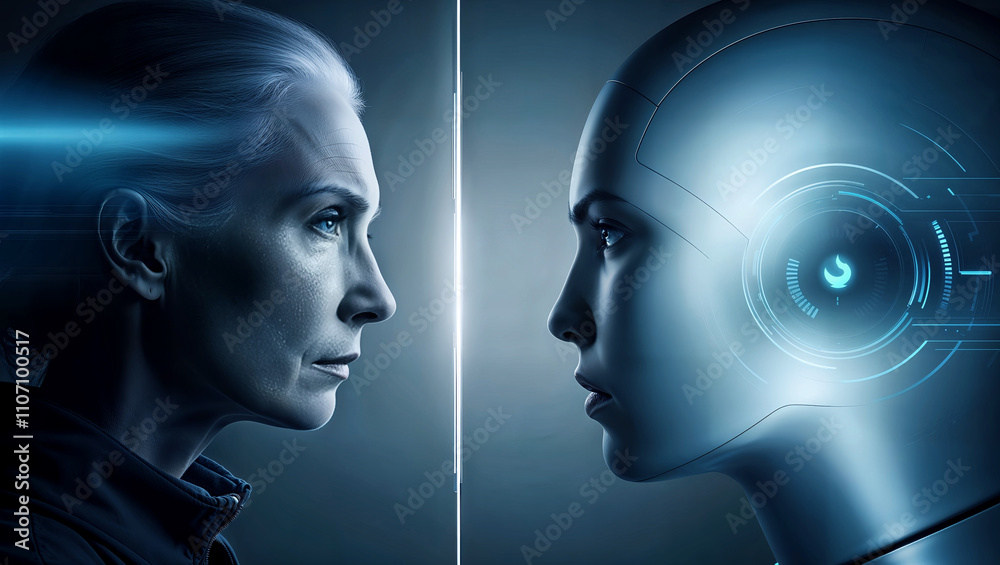 Conceptual representation of a woman standing against AI symbolizing human-machine conflict. Generative AI Conceptual representation of a woman standing against AI symbolizing human-machine conflict. Generative AI