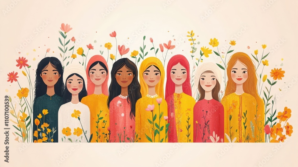 Colorful Illustration of Diverse Women Standing Together Amidst Vibrant Flowers in a Cheerful, Joyful Setting Reflecting Unity and Friendship Colorful Illustration of Diverse Women Standing Together Amidst Vibrant Flowers in a Cheerful, Joyful Setting Reflecting Unity and Friendship