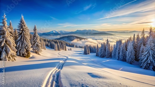 Snow-Covered Slope with Ski Tracks: A Winter Wonderland Captured in Rule of Thirds, Showcasing the Beauty of Nature and Outdoor Adventures on the Slopes