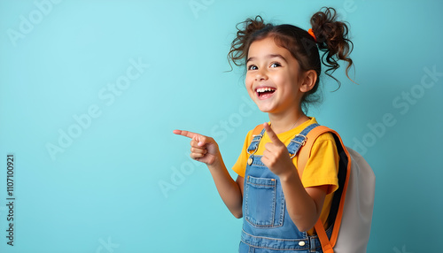 Excited Girl with Backpack Points to the Future